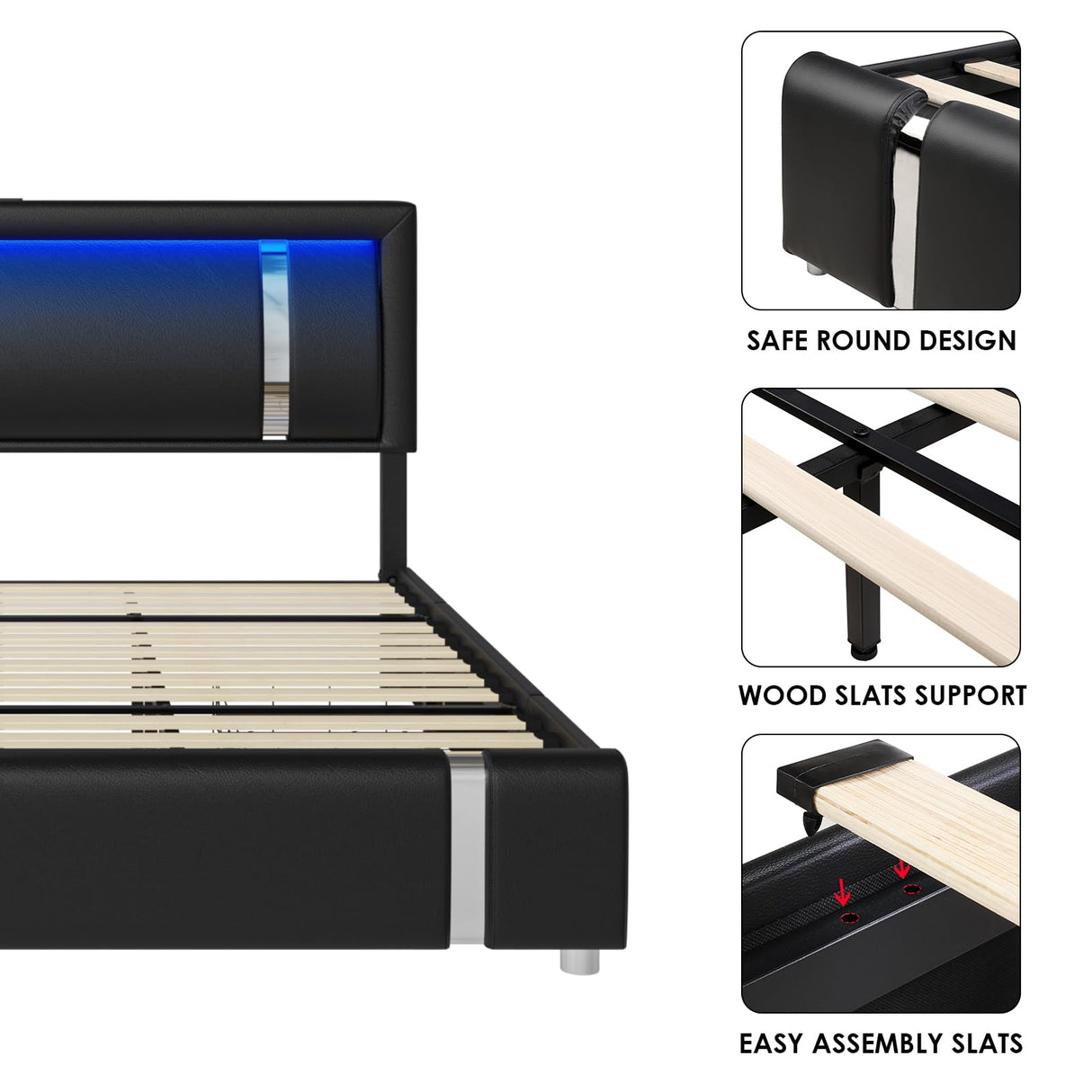 Keyluv Modern Black Queen Bed Frame with RGB LED Headboard, 2 Storage Drawers, and USB Ports Keyluv