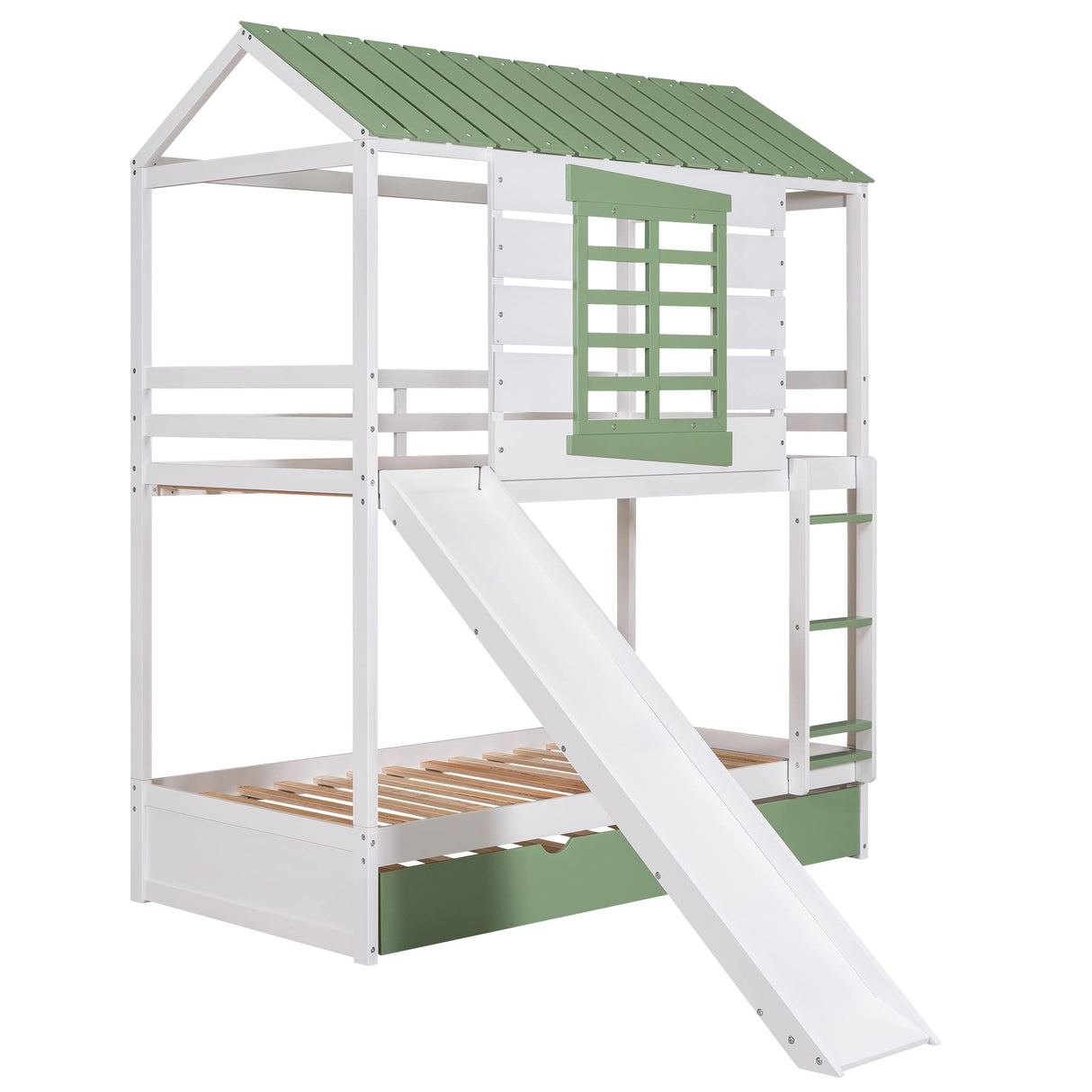 House Bunk Beds with Trundle and Slide, Twin Over Twin Bunk Bed with Roof and Windows, Kids Playhouse Bunk Beds for Girls & Boys, No Box Spring Needed (Triple Bunk Bed, White+Green) Harper & Bright Designs