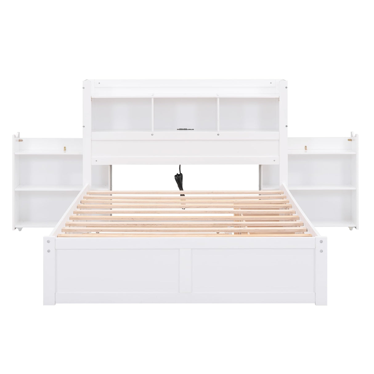 Full Size Storage Bed with Bookcase Headboard and Trundle, Wood Platform Bed Frame with Charging Station, Pull Out Shelves and Drawers for Kids Teens Adults, No Box Spring Needed,White Harper & Bright Designs