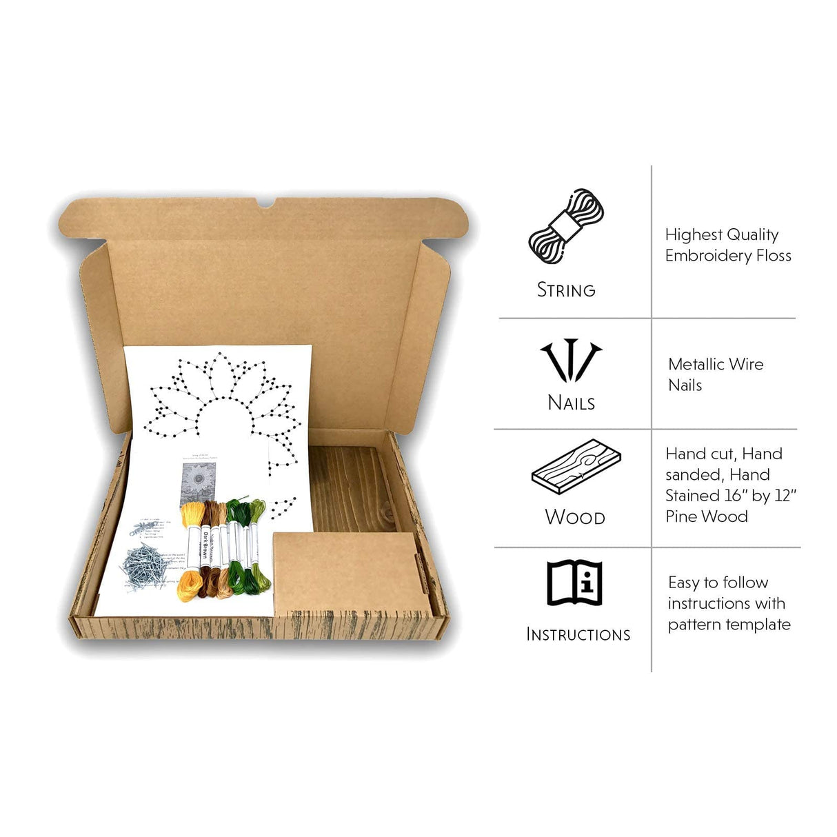 String of the Art Sunflower String Art Kit, American Made DIY Craft Kit for Adults, Stained Pine Wood (16" x 12"), Embroidery Floss, for Beginner to Advanced Crafters, Craft a Handmade Gift String of the Art