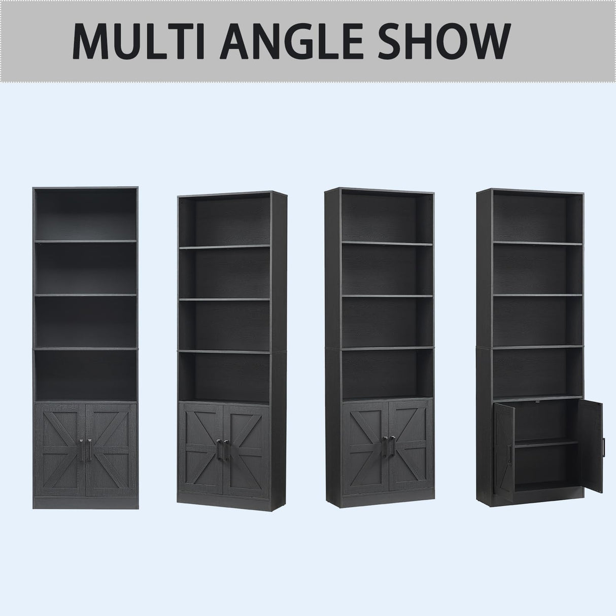 RWYHG 70in Tall Bookshelf 6 Tier Bookcase with Barn Doors and Adjustable Shelf, Black Farmhouse Book Shelves with Storage Cabinet,Wood Floor Standing Display Bookshelve for Bedroom,Living Room,Kitchen RWYHG