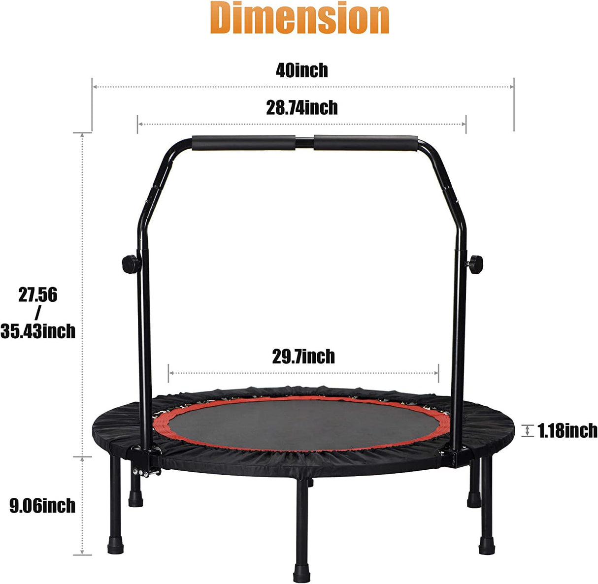 40" Foldable Mini Trampoline for Adults & Kids, Fitness Rebounder with U Shape Adjustable Foam Handle, Indoor Exercise Trampoline, Max Load 330lbs Anwick