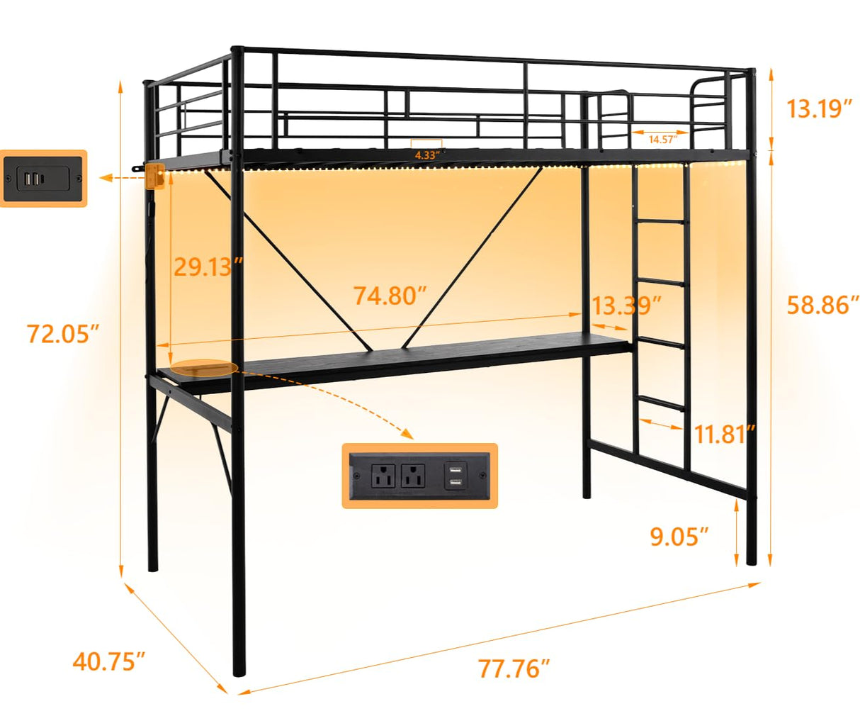 VINGLI Twin Size Metal Loft Bunk Bed Frame for Kids Teens Adults with Desk Underneath,2 Charging Station,LED Lights,Safety Guardrail and Stair,No Box Spring Needed,Black VINGLI