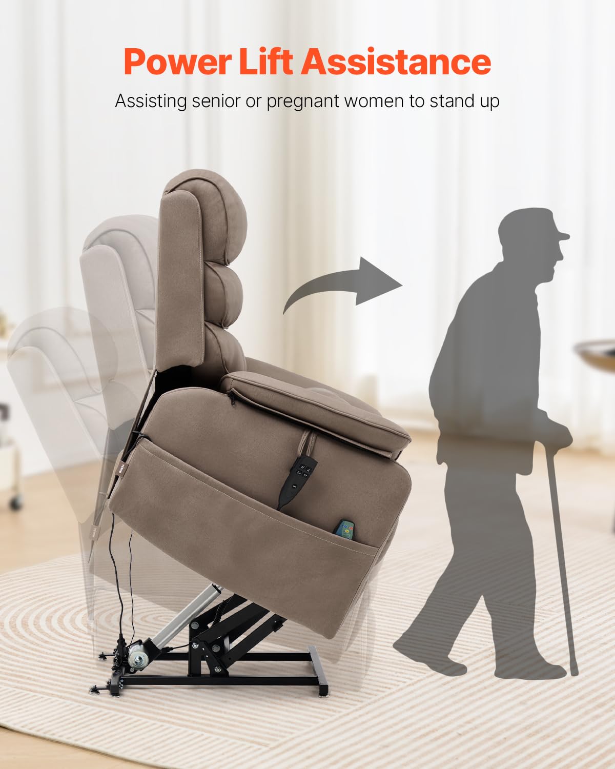 VEVOR Power Lift Recliner Chair, Dual Motor Lift Chair with Heat and Massage for Elderly, Infinite Position Adjustment Electric Recliner with a Cup Holder (Medium-Wide, Light Brown) VEVOR