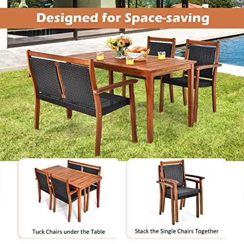 Tangkula 4 Pieces Patio Dining Set for 4, Patiojoy Space-Saving Outdoor Acacia Wood Dining Table and PE Rattan Chairs Set with 1.9” Umbrella Hole, for Garden, Backyard, Deck, Poolside, Balcony Tangkula