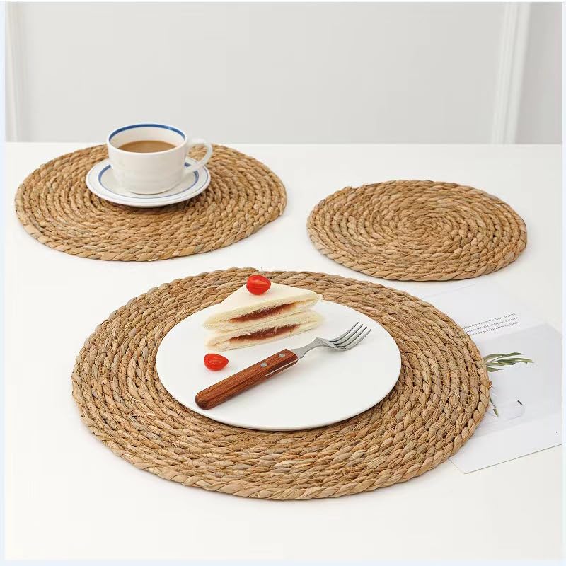 Handmade Heat Resistant 12" Round Woven Placemats Set of 8, Wicker Boho No Chemical Natural Water Hyacinth Place Mats, Farmhouse Table Mats for Kitchen Dining Table,Home Decorations,Wedding Chic Glamour