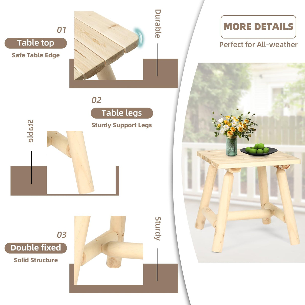 EPICOZY Outdoor Adirondack Log Side Table, 19.5" Thick Wooden Patio Square End Table with Slatted Tabletop, Solid Wood Rustic Accent Table for Indoor & Garden Deck Porch Balcony Backyard, Natural EPICOZY