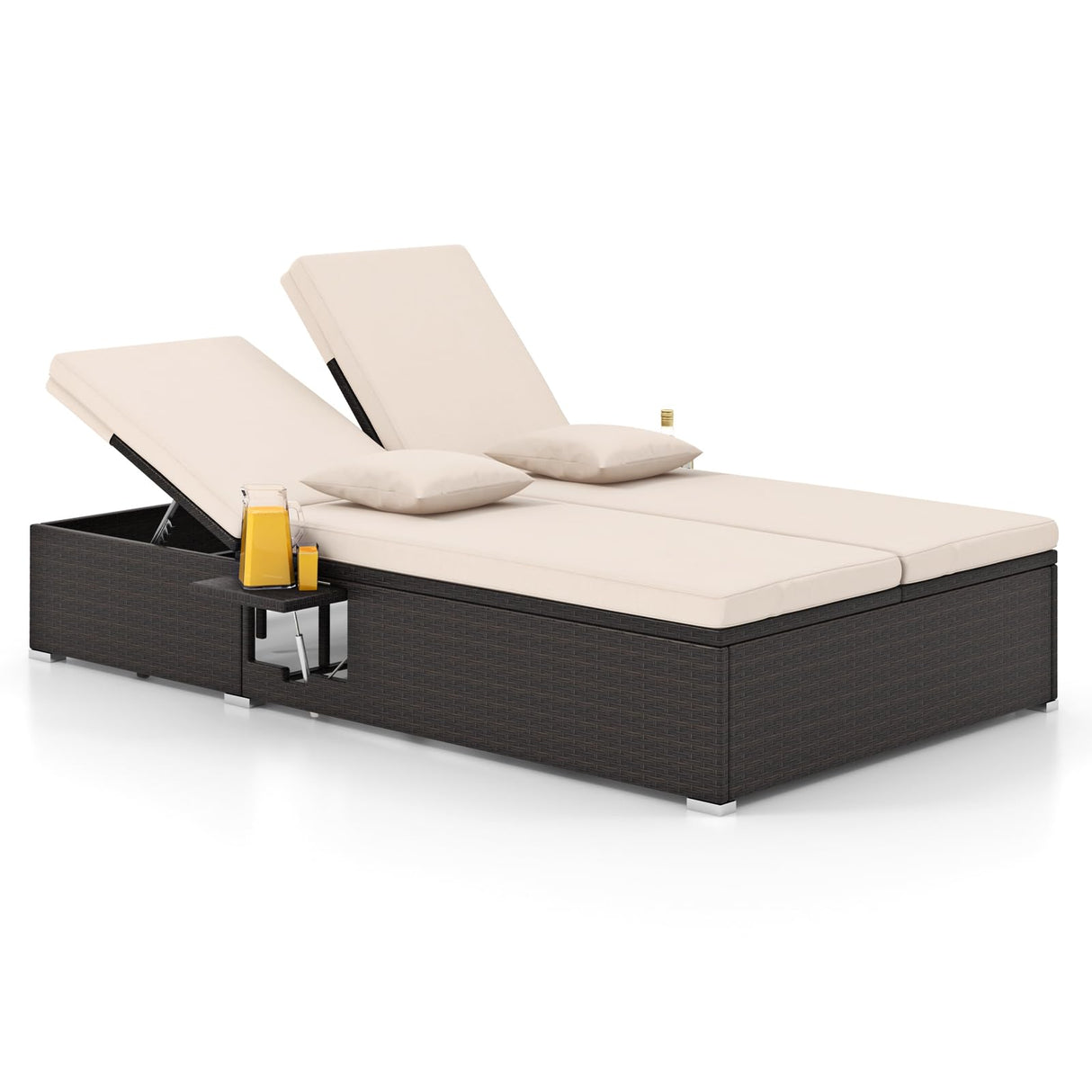HAPPYGRILL Outdoor Patio Lounge Daybed PE Wicker Double Chaise Lounge with 6-Position Adjustable Backrests, Soft Pillows & Cushions, 2-Person Reclining Sunbed with Foldable Cup Trays HAPPYGRILL