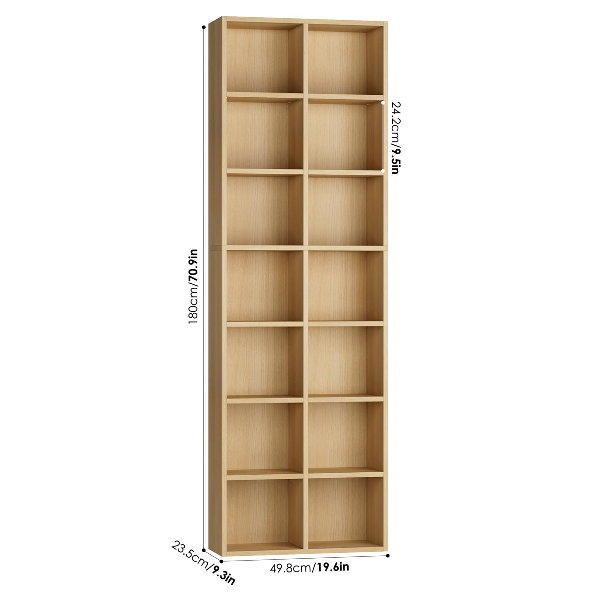 FOTOSOK 71’’ Narrow Bookshelf and Bookcase, Wooden Shelf 7 Tier Media Storage Tower Rack, CD DVD Storage Tower Rack with Adjustable Shelves,Double Wide Slim Bookshelf Cube Storage Organizer, Natural FOTOSOK
