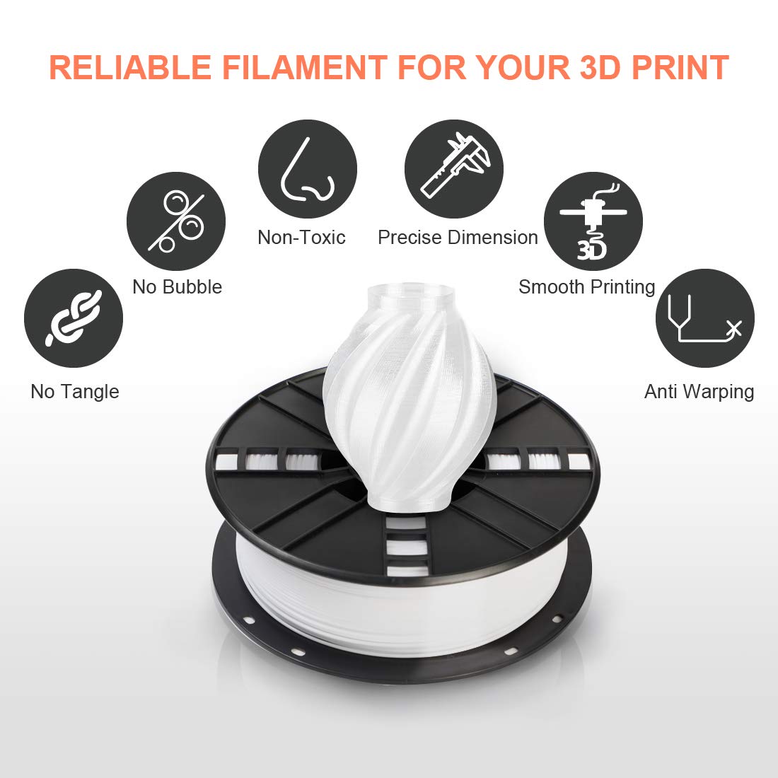 NovaMaker PETG 3D Printer Filament - 1.75mm White PETG, 1kg Spool (2.2lbs), +/- 0.03mm Dimensional Accuracy NovaMaker