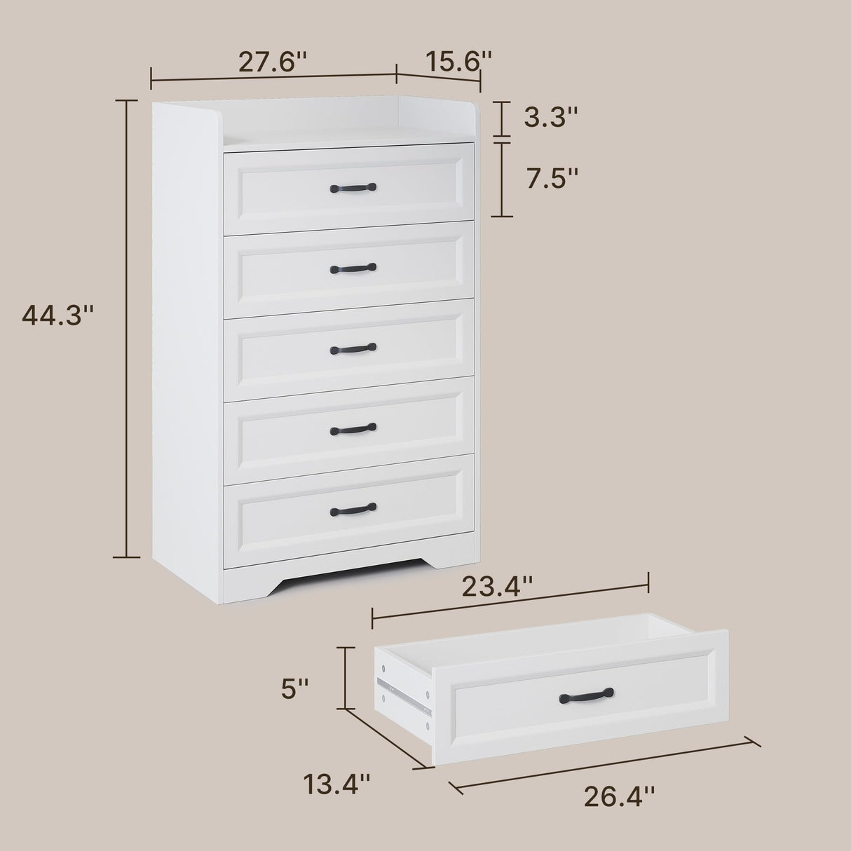 Gizoon 5 Drawers Dresser, 44.3" H Dresser for Bedroom, Chest of Drawers with Large Storage Capacity, Modern 5 Drawer Chest with Smooth Rail, Handles, Anti-tilt Device, for Hallway, Living Room, White Gizoon