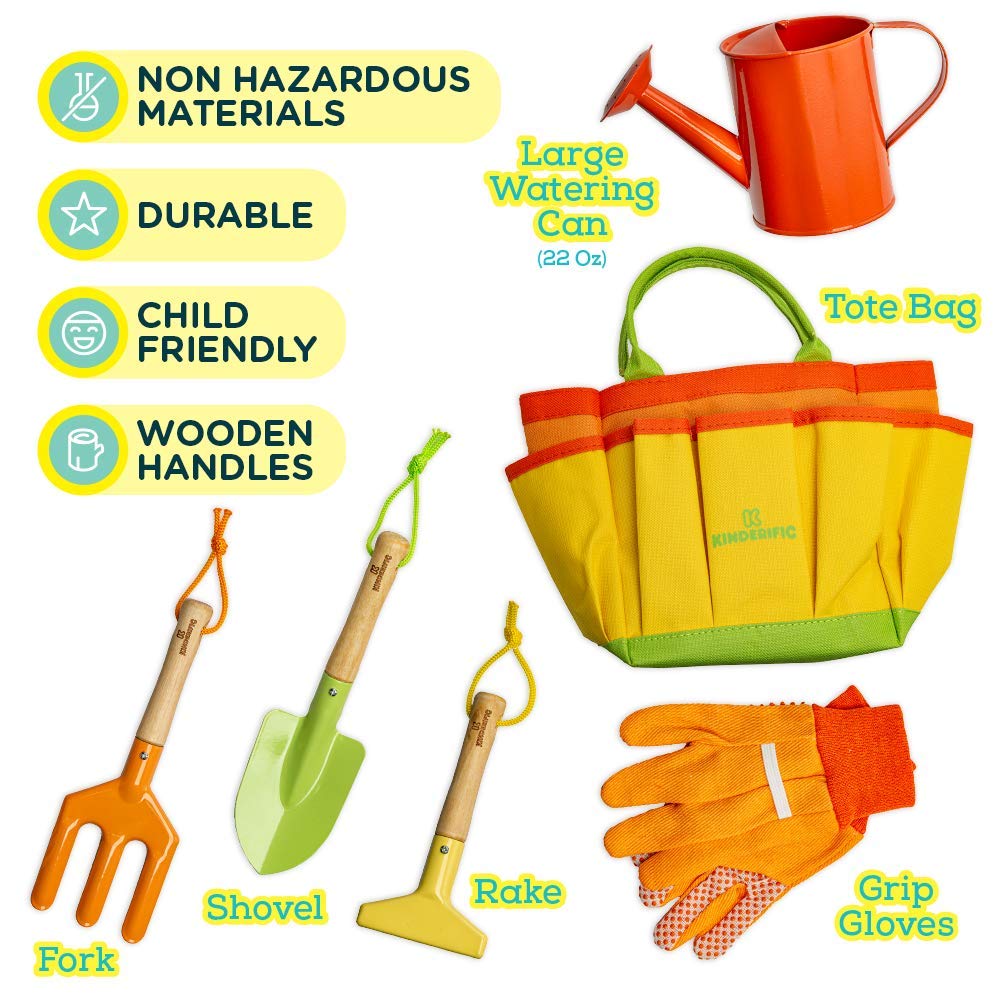 Kinderific Gardening Set, Tool Kit, for Kids, STEM, Includes Tote Bag, Spade, Watering Can, Rake, Fork, Trowel and Gloves (Sunshine) Kinderific