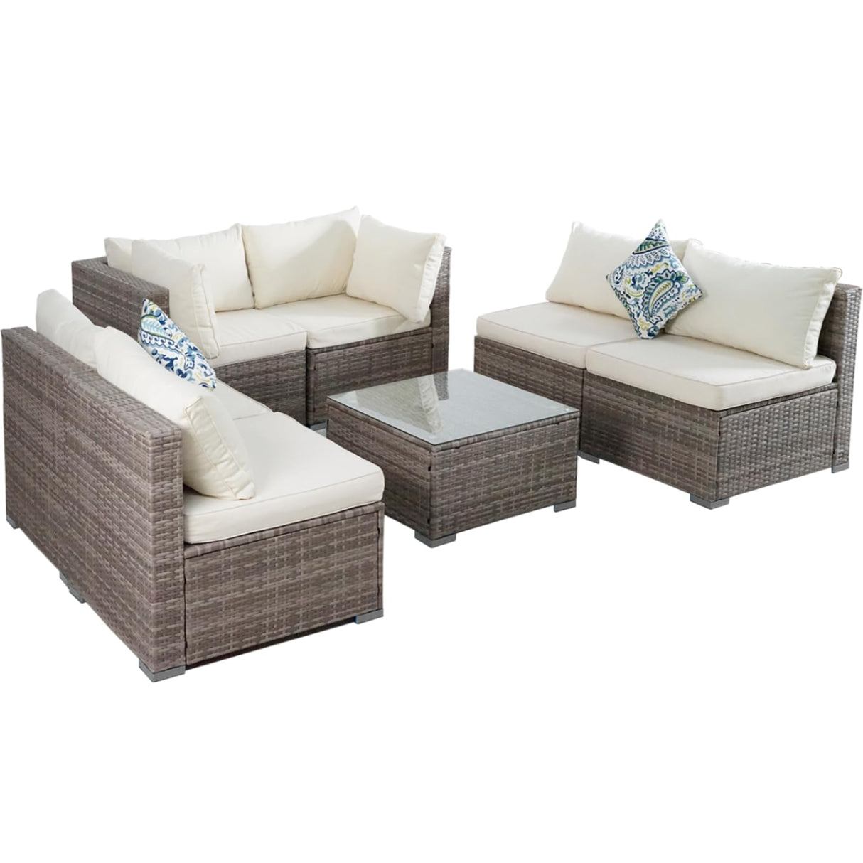 7 Piece Outdoor Patio Sectional Sofa Set, All-Weather Wicker Patio Furniture Set, with able Cushions & Tempered Glass Table for Backyard, Poolside, Garden Patio Conversation Sets Generic