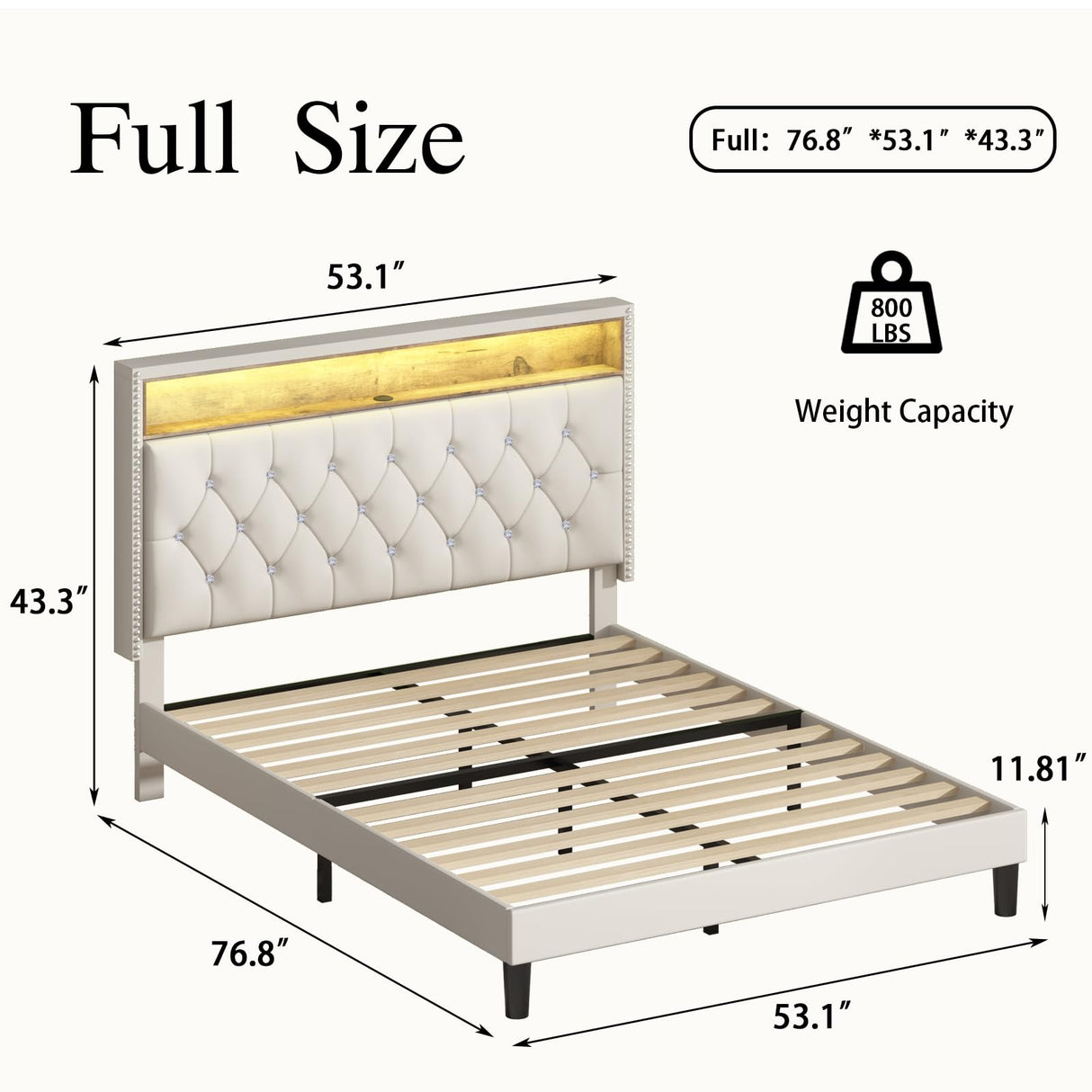 HOMBCK Full Size Bed Frame with LED Lights, Velvet Upholstered Bed with Charging Station and Storage Headboard, Modern Bed Frame with Diamond Design, No Box Spring Needed, Easy Assembly, White HOMBCK