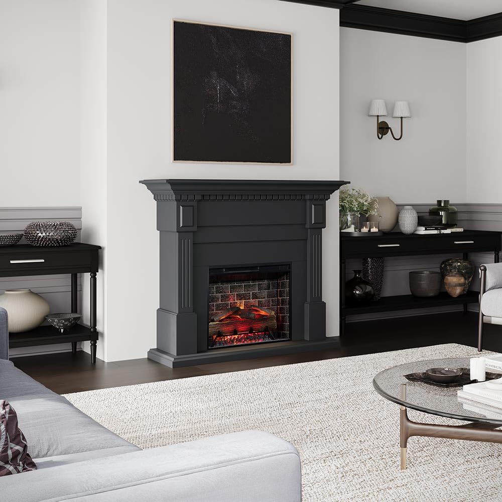 Modern Ember Augustine Black Mantel Package 55" W x 48" H with 28 Inch Electric Fireplace Insert - 1,000 Sq Ft Heater 4 Flame Colors, Ember Bed Included | Compatible with Alexa and Google Assistant Modern Ember