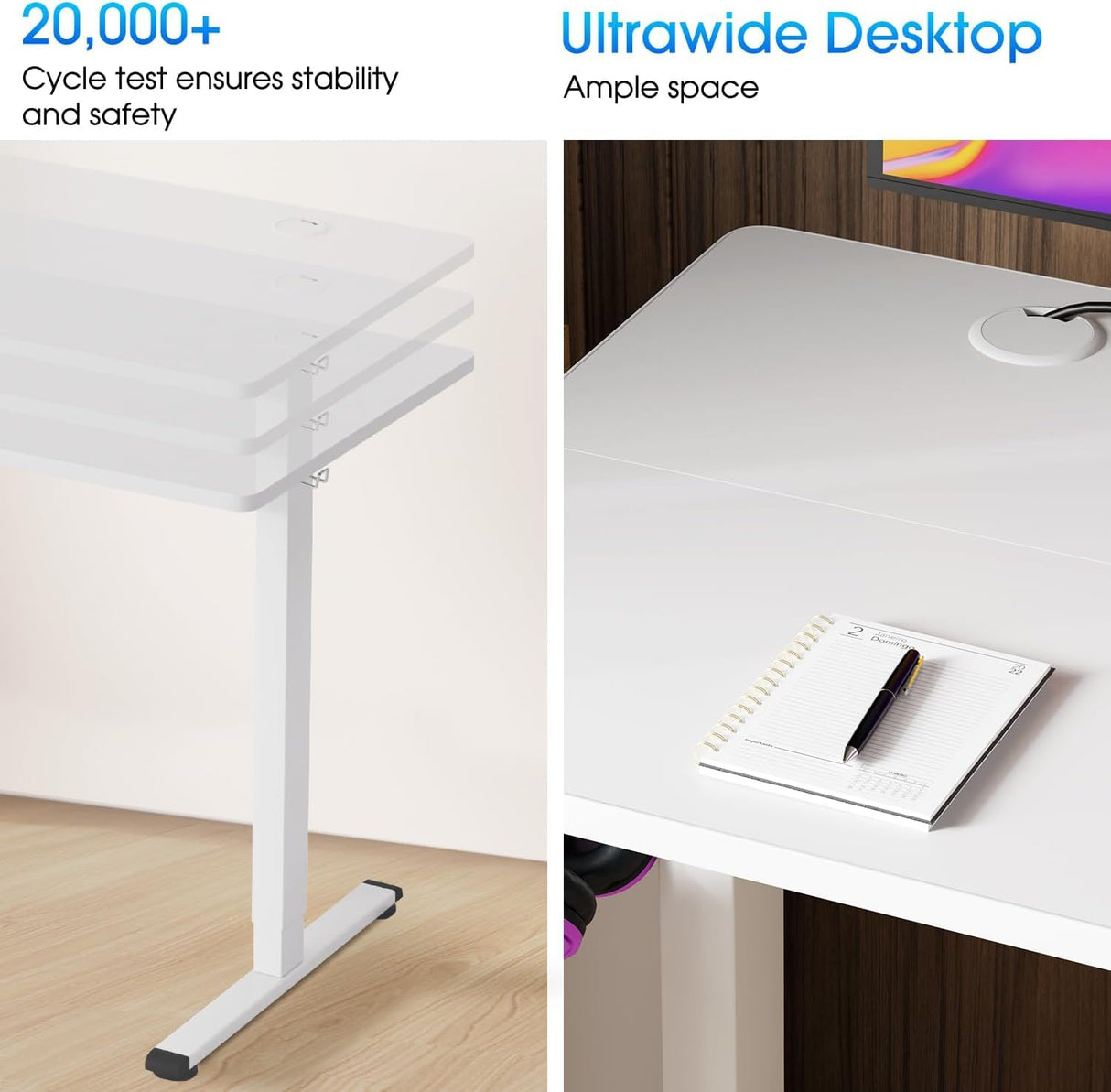 BLKMTY Electric Standing Desk Adjustable Height Computer Desk 24"x55" Home Office Desk Ergonomic Raising Desk Sit Stand Desk with Headphone Hook 20db Noiseless Lifting Desk for Adult, White BLKMTY