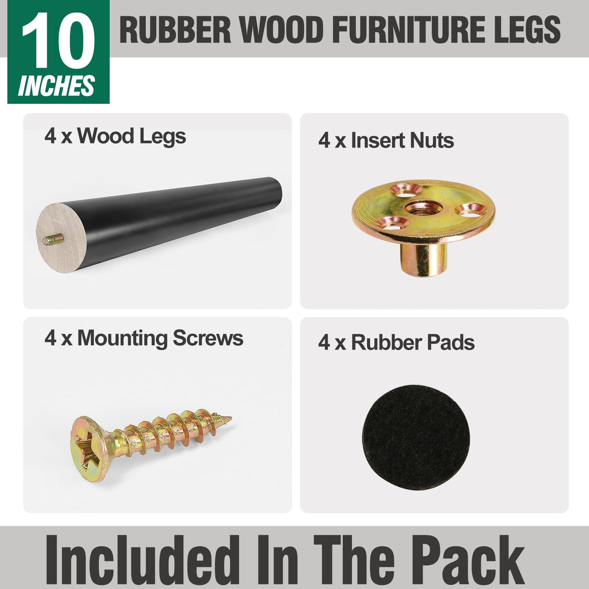 FoDau770 Black Rubber Wood Furniture Legs 10 Inche, Slant Tapered Wood Legs Mid Century Sofa Legs Set of 4, 5/16" UNC Furniture Feet Replacement Legs for Cabinet Sofa Couch Dresser Chair Ottoman Table FoDau770