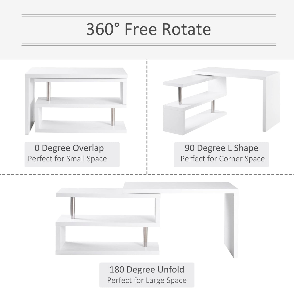 HOMCOM 360 Degree Rotating Corner Computer Desk, L Shaped Desk, Home Office Workstation with 3-Tier Storage Shelves, White HOMCOM