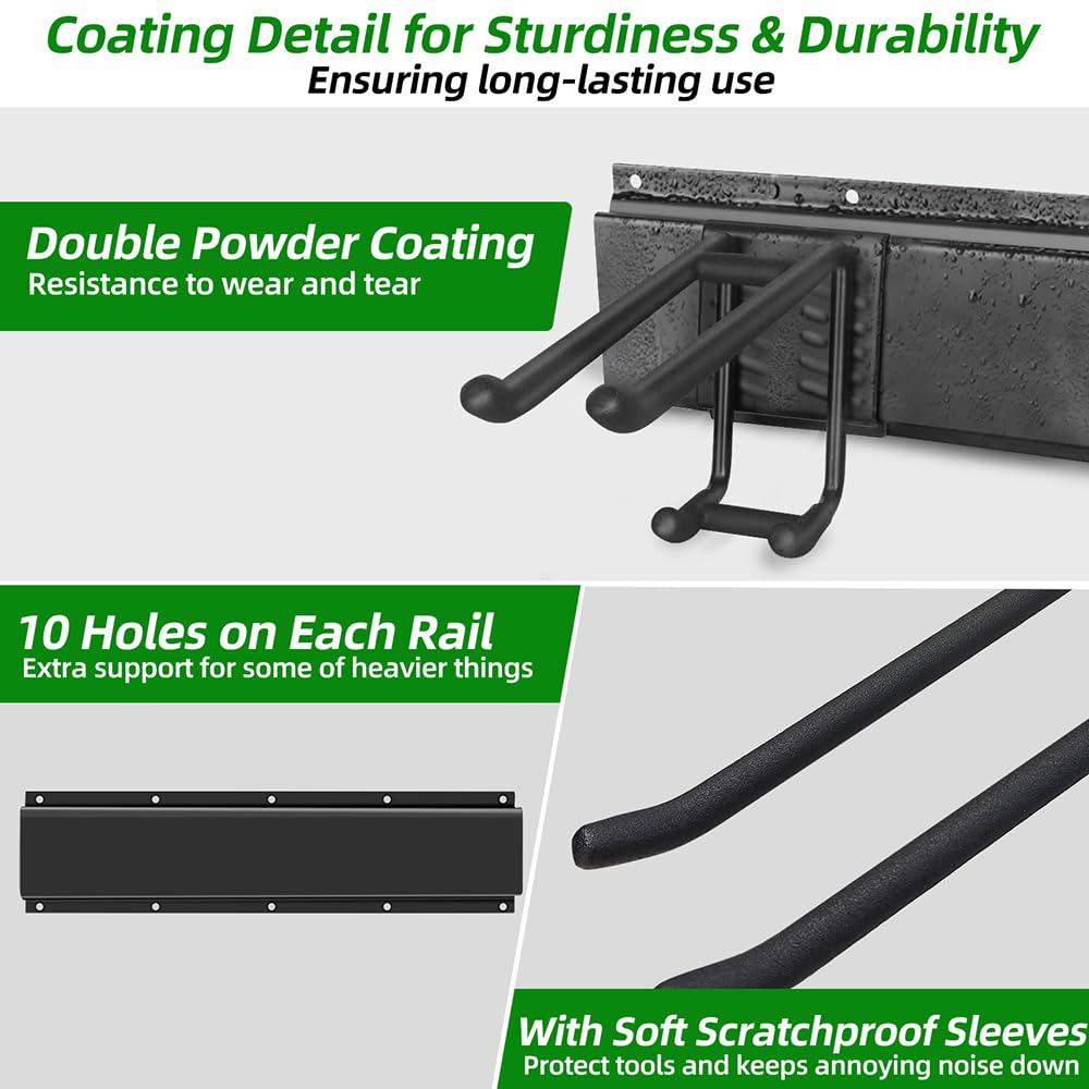 PIYILO Garage Organization, Garage Tool Organizer Wall Mount with 48 inches Rails and 6 Double-layer Hooks, Garden Tool Rack Heavy Duty, Garage Hanging Storage Rack For Yard Tools, Shovel, Shed PIYILO