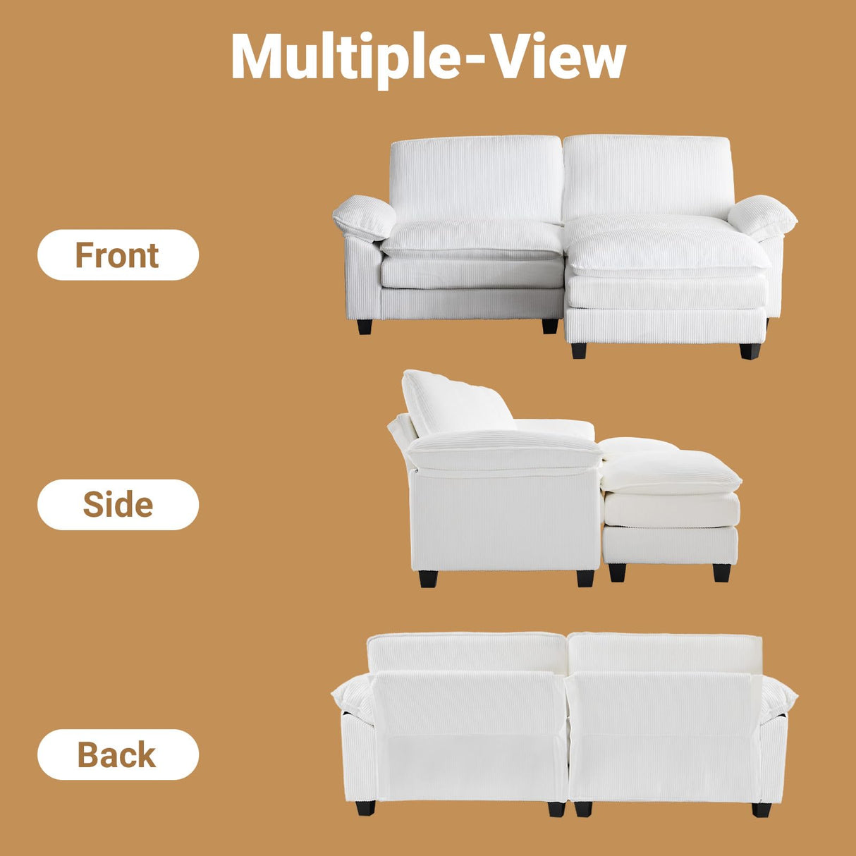 VINGLI 86" Cloud Corduroy Sectional Sofa, Comfy L-Shaped Extra Deep Seat Sofa Couch for Living Room,Modern 2-Seat Convertible Loveseat Sofa with Ottoman for Small Space(White) VINGLI