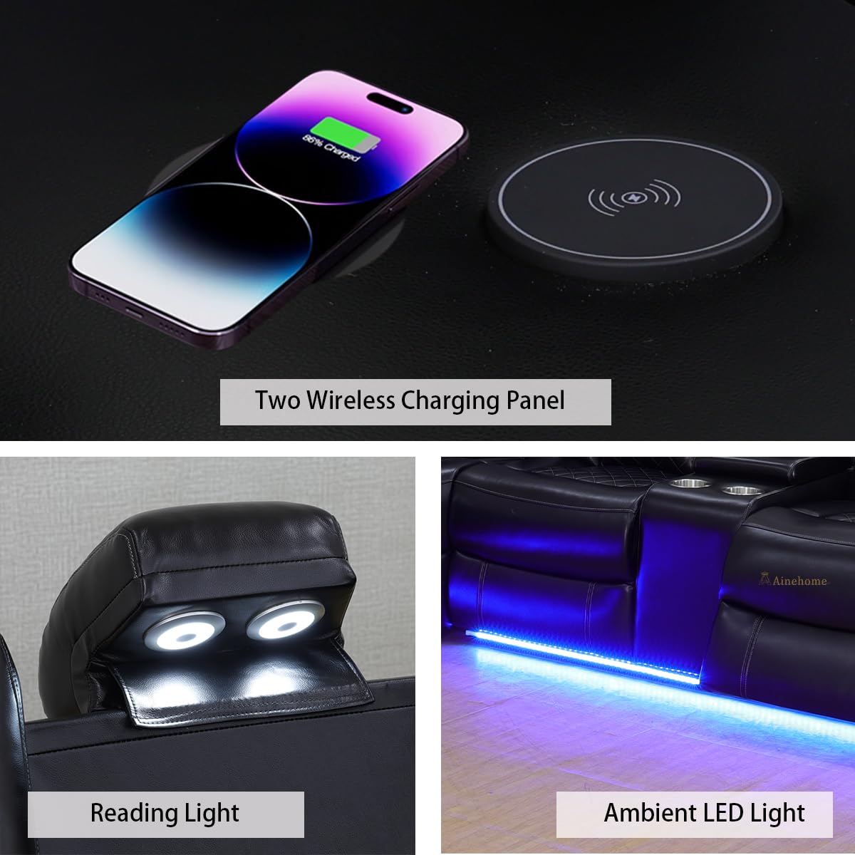 A Ainehome Power Recliner Set, Leather Sectional Sofa Set for Living Room, Home Theater, with LED Lights, Cup Holder, Hide-Away Storage, Wireless Charging(A-Black) A Ainehome