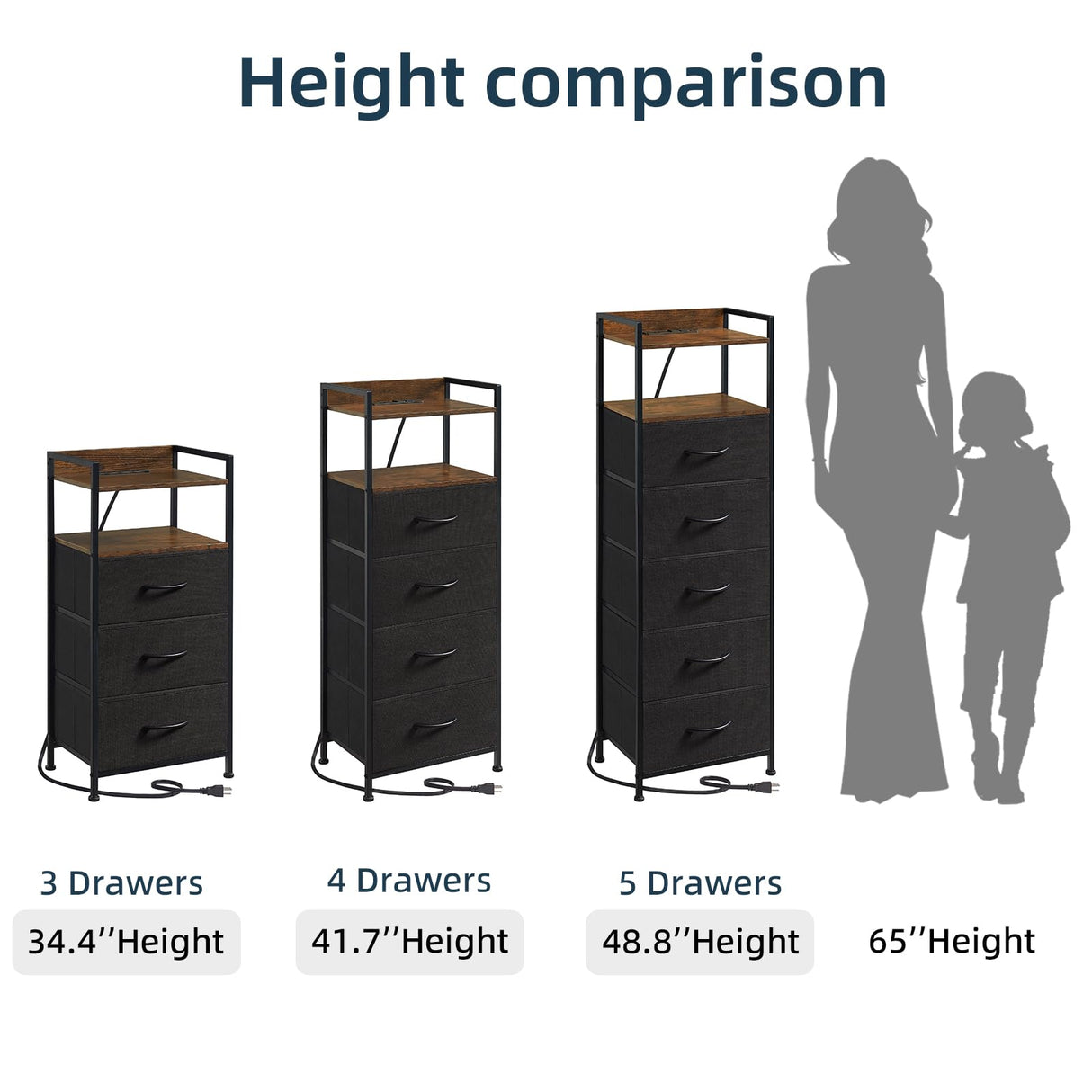 Somdot Black Nightstand with Charging Station and LED Light for Bedroom, Tall 5 Drawers Dresser with Fabric Bins for Bedside Kids Dorm Room Closet Laundry Entryway, Black Rustic Brown Somdot