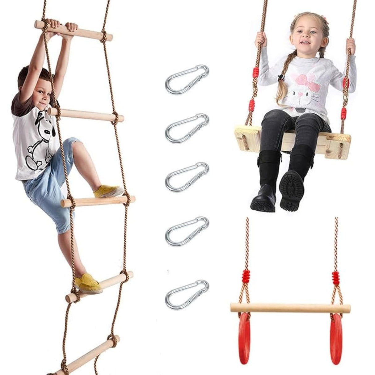 Weavelife 3 Pcs Gym Swing Set Includes Wooden Swing, Trapeze Bar with Rings & Climbing Rope Ladder for Kids, Indoor/Outdoor Play Equipment Combo Toy Gift with Hanging Hooks Weavelife