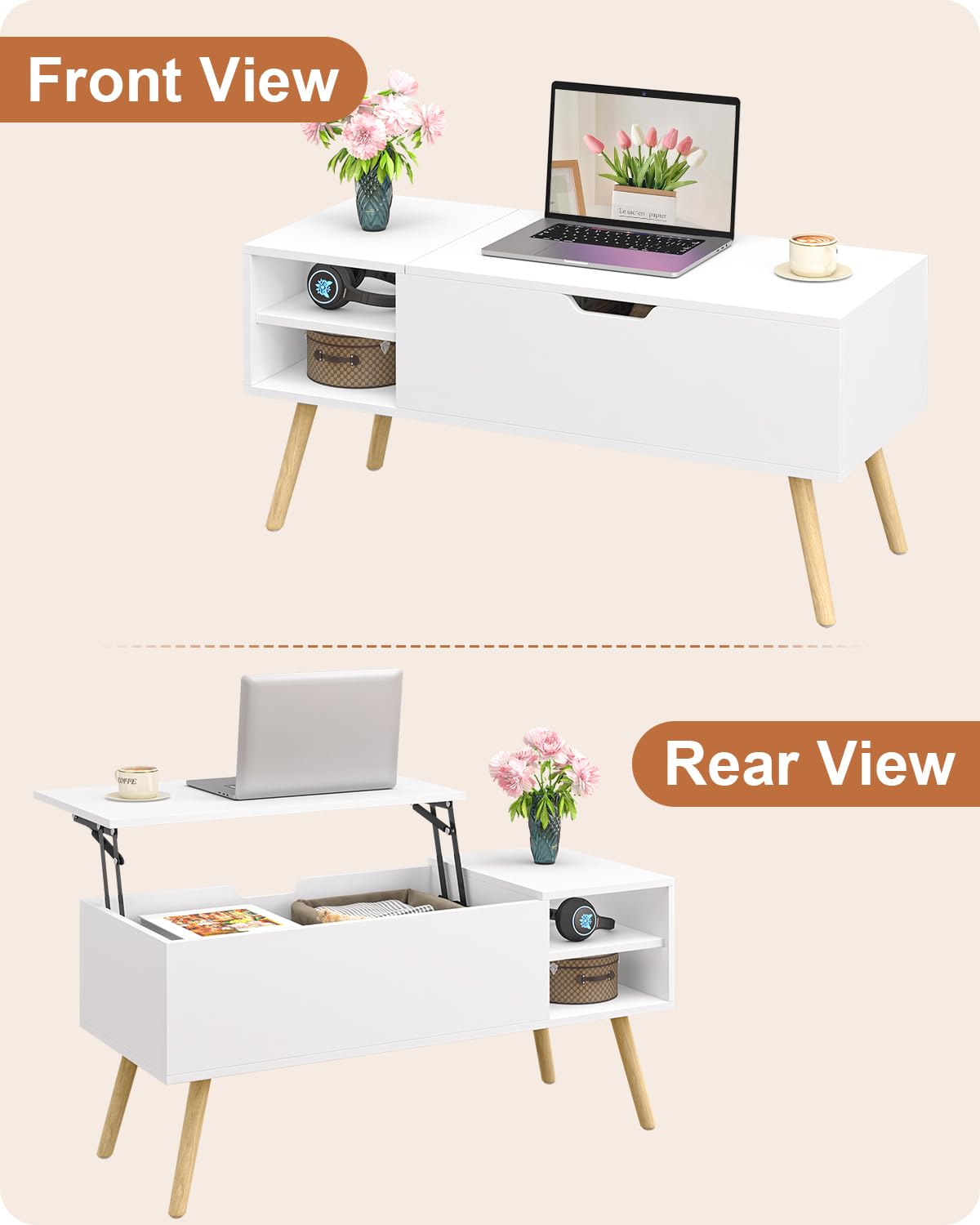 ALINE FURNITURE White Coffee Table Lift Top - Lift Top Coffee Table with Hidden Compartment Storage - Wood Coffee Table with Lifting Top - Pull Up Coffee Tables for Living Room ALINE FURNITURE