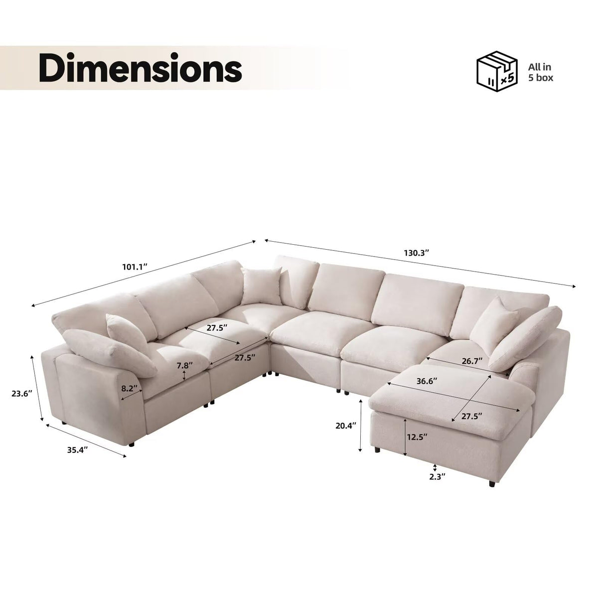 Siiejia Modular Sectional Sofa Modern Oversized Chenille Cloud Couch with Movable Ottoman 7 Seater L-Shaped Sofas Comfy Couches for Living Room Spacious Space Office Lounge, Beige Siiejia
