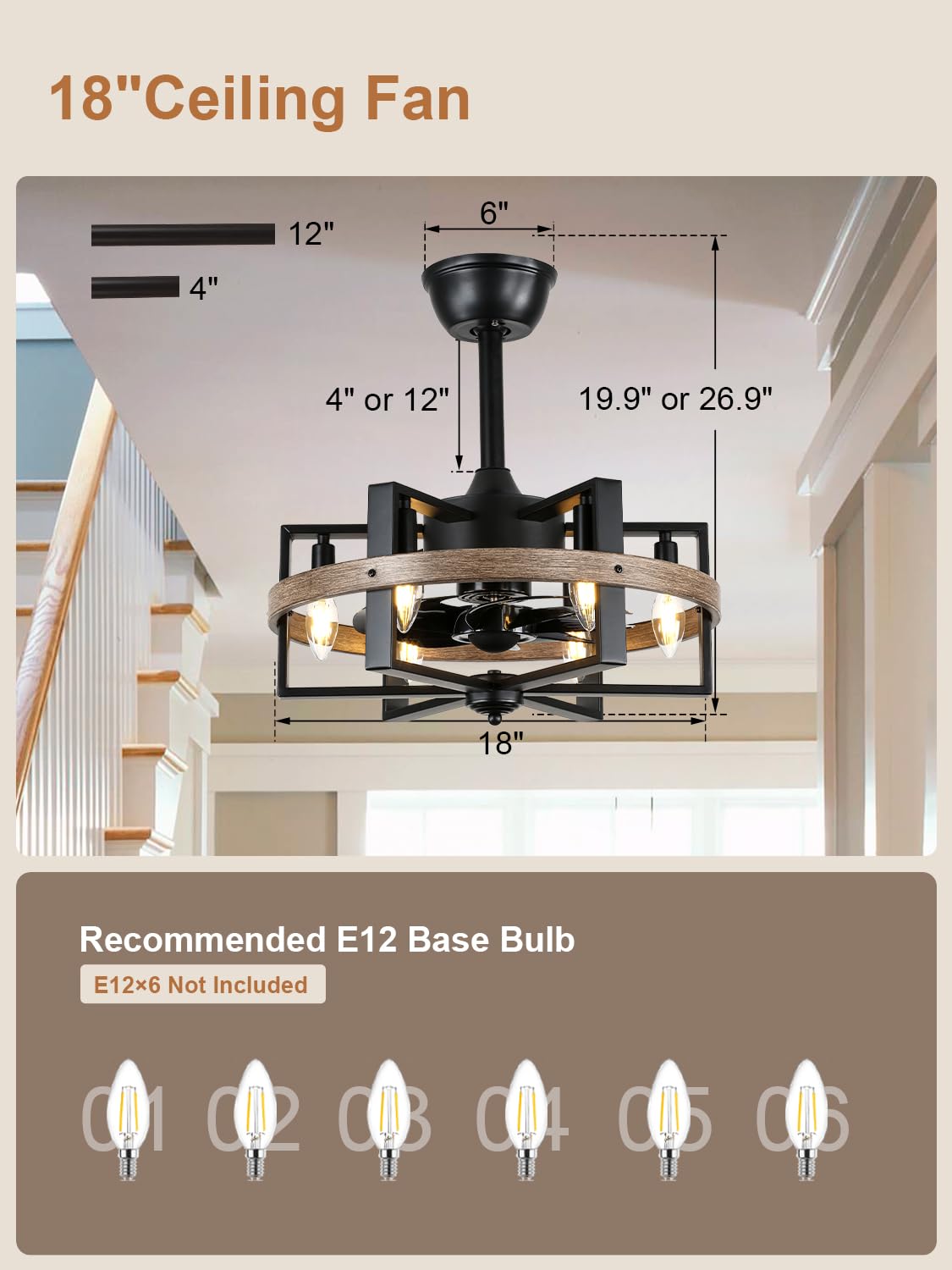 Curve Curio 18 Inch 6-Lights Farmhouse Caged Ceiling Fan with Light, Retro Industrial Enclosed Rustic Ceiling Fans with Remote Control for Bedroom Living Room Curve Curio
