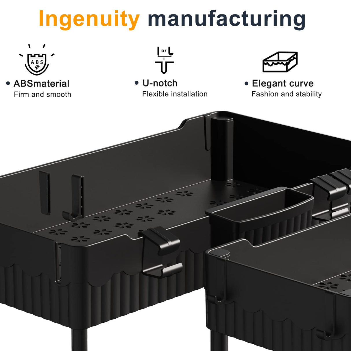 Sevenblue 4 Pack Under Sink Organizer, Under Bathroom Cabinet Organizer with Hooks Hanging Cup, Multi-Purpose Storage Shelf for Kitchen Bathroom, Black Sevenblue