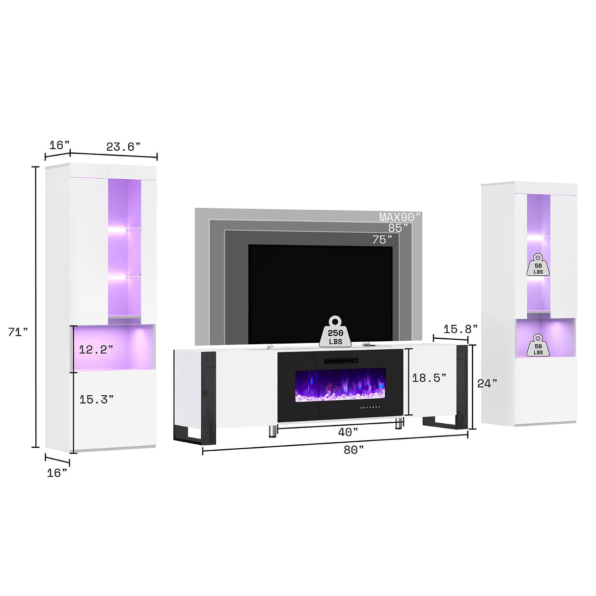 AMERLIFE 80" Modern Fireplace TV Stand with 40" Electric Fireplace & 2 Large Storage LED Bookcases, 3 Piece Living Room Entertainment Center Set for TVs Up to 90in, White/Black AMERLIFE