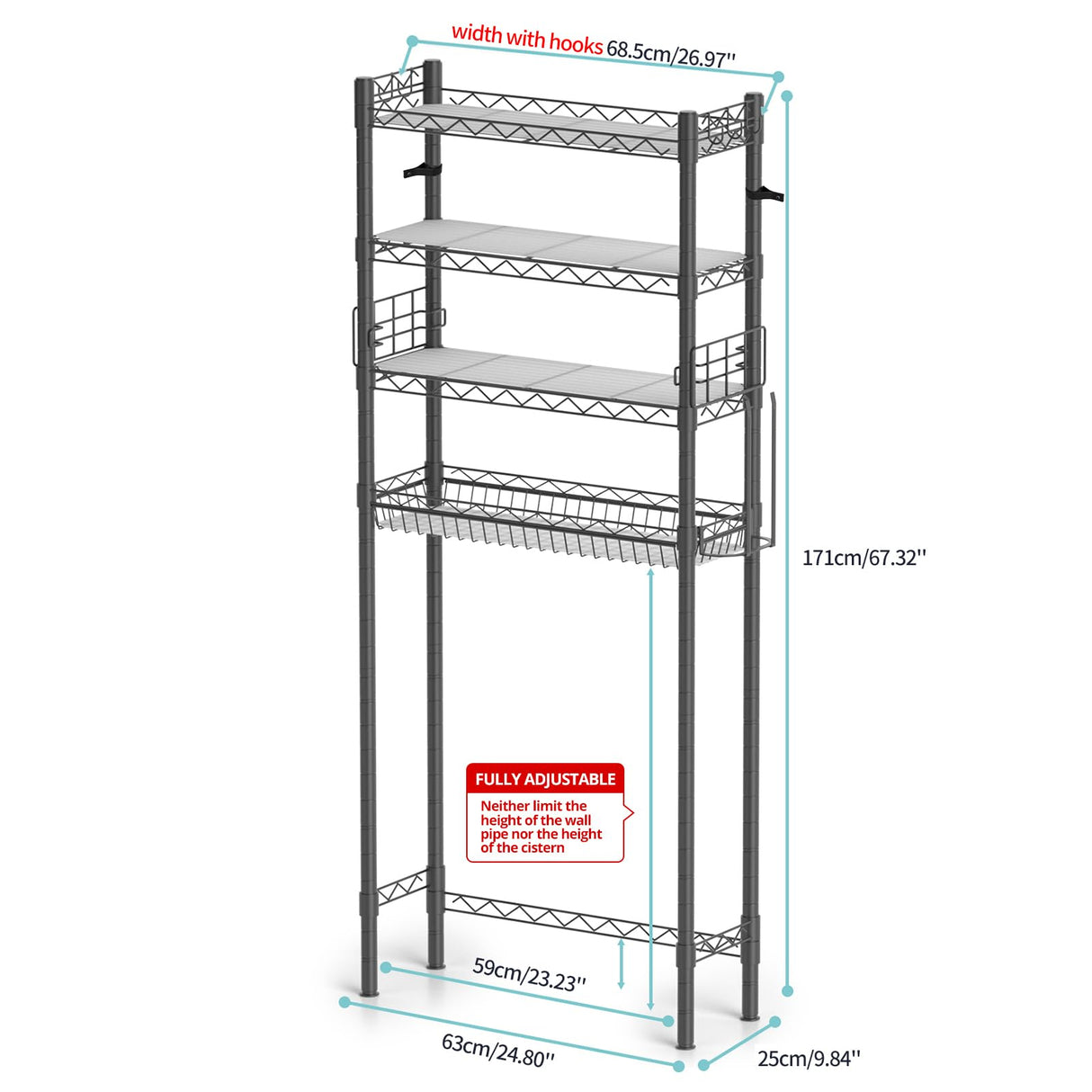 Hodonas 4-Tier Toilet Shelf Storage, Bathroom Organizer Shelves Over Toilet Storage, Above Toilet Tack Free Standing Bathroom Space Saver with Adjustable Basket and Shelves, Gray Hodonas