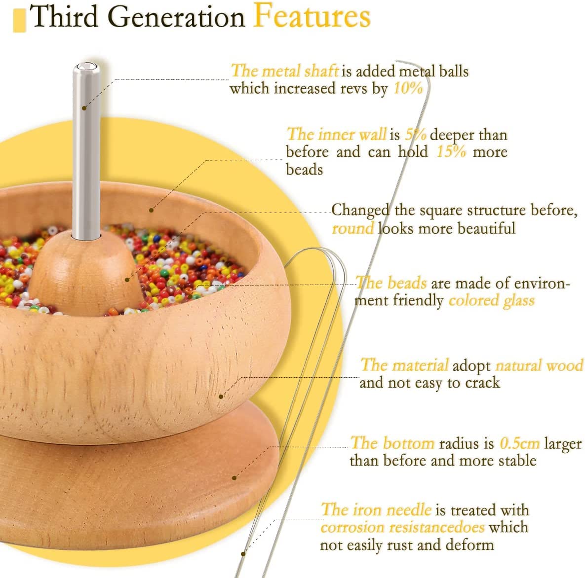 hobbyworker Upgrade Wooden Bead Spinner with 2 Pcs Big Needles,8000 Pcs Seed Beads and 1 Surprise Gift Pack for Jewelry Making Tools,Quickly Stringing Beads Tool, Manual Operated hobbyworker