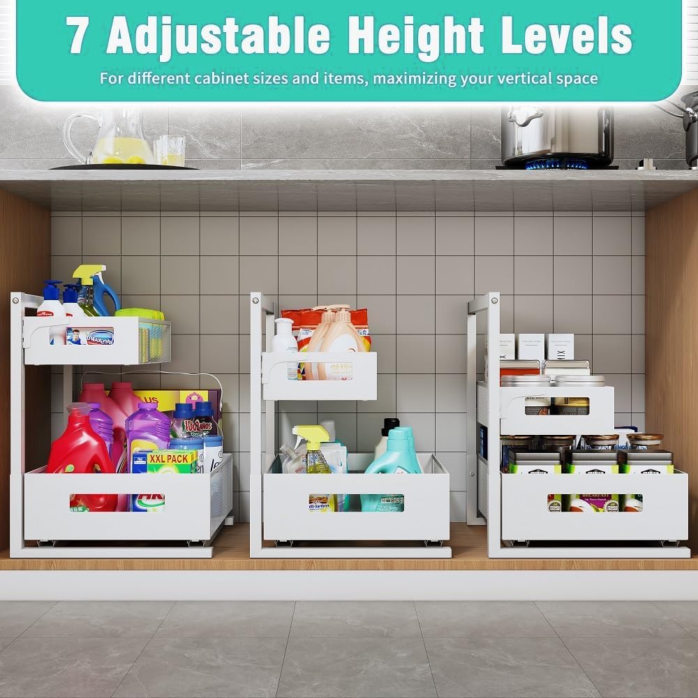 Under Sink Organizer Adjustable Height 2 Tier Bathroom Organizer Pull Out Cabinet Organer kitchen organizers and storage fridge organizers and storage,White,XL-1 Pack Petiza