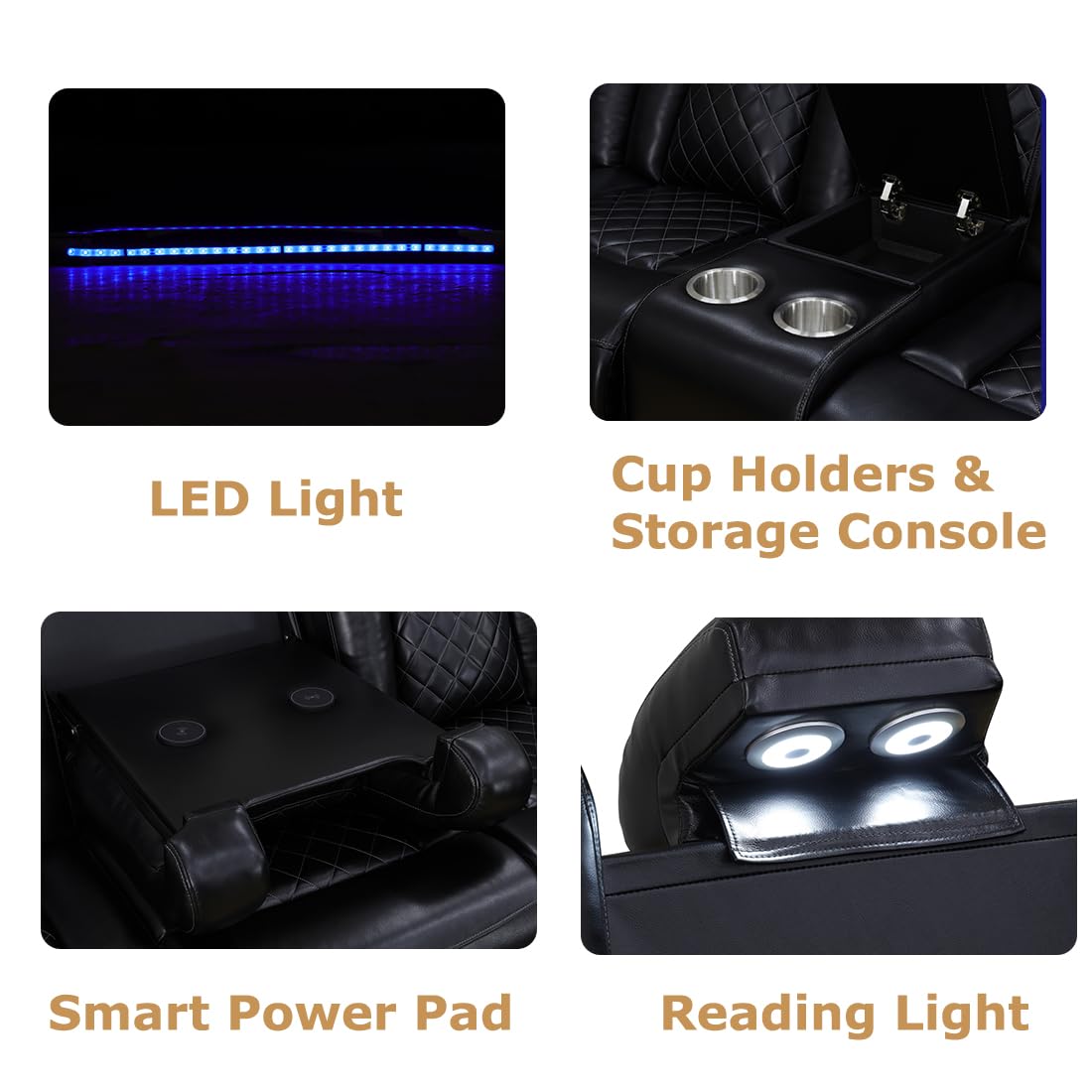 Toseslo Power Recliner Sofa Set, Black Leather 3 Pieces Sectional Couch, Living Room Furniture Sets with LED Light, Modern Power Reclining Sets with Storage Console/Cup Holder for Living Room Toseslo