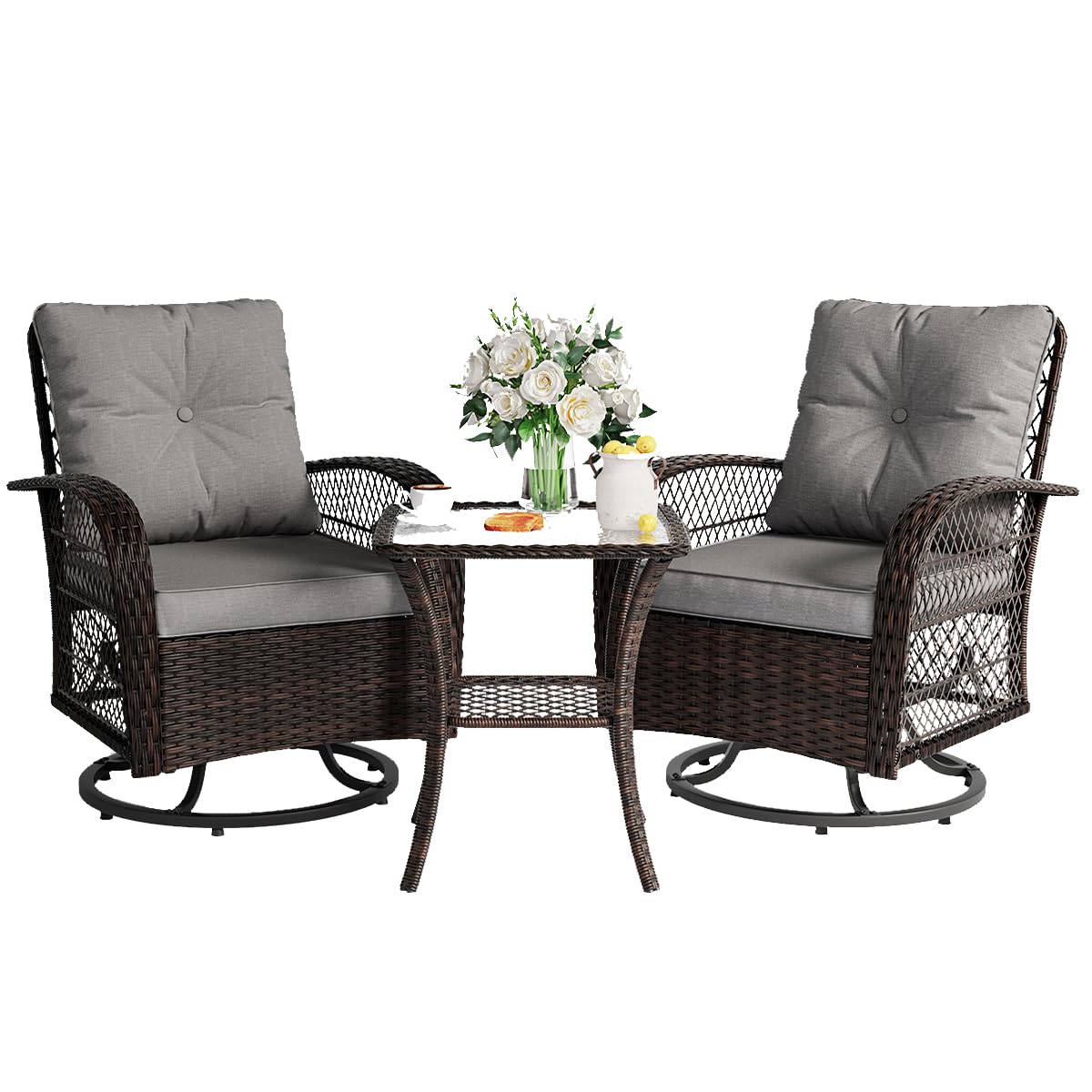 VONZOY 3 Pieces Patio Furniture Set, Outdoor Swivel Glider Rocker, Wicker Patio Bistro Set with Rocking Chair, Thickened Cushions and Table for Porch (Grey) VONZOY