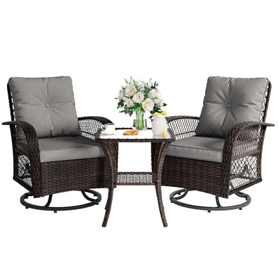 VONZOY 3 Pieces Patio Furniture Set, Outdoor Swivel Glider Rocker, Wicker Patio Bistro Set with Rocking Chair, Thickened Cushions and Table for Porch (Grey)