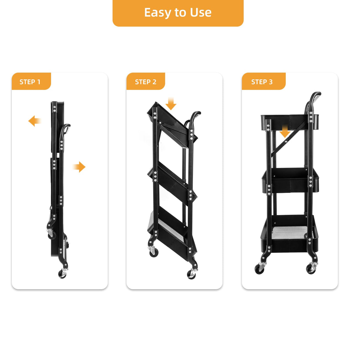 3 Tier Foldable Rolling Cart with Wheels, Folding Utility Cart Organizer, Collapsible Rolling Storage Cart with 3 Hanging Cups & 6 Hooks for Kitchen, Office, Nursery(Black) Amatic