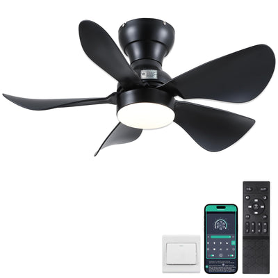 Kviflon Ceiling Fans with Lights and Remote/APP Control, 30 inch Low Profile Ceiling Fans with 5 Reversible Blades 3 Colors Dimmable 6 Speeds Ceiling Fan for Bedroom Kids Room Dining Room, Black