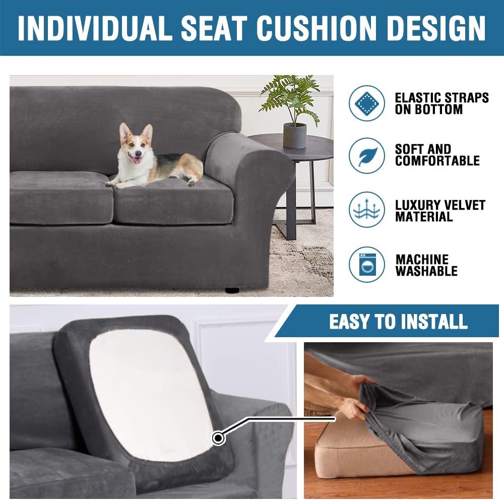 H.VERSAILTEX 4 Pieces Thick Velvet Sofa Covers Couch Covers for 3 Cushion Couch Sofa High Stretch Slipcovers Furniture Protector Form Fit Luxury Couch Cover for Dogs Width Up to 90 Inch(Sofa,Grey) H.VERSAILTEX