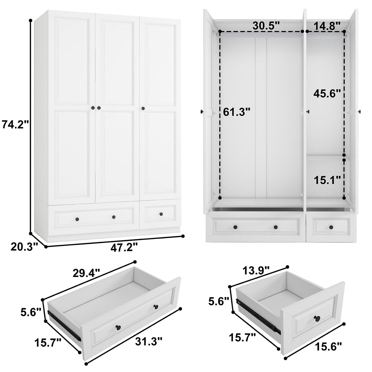 Vrmuxita Armoire Wardrobe Closet with Drawers: 74" White Tall Wooden Wardrobe Closet for Hanging Clothes, Large Bedroom Armoires with 2 Drawers, 3 Door Armoire Storage Cabinet (White, 47") Vrmuxita