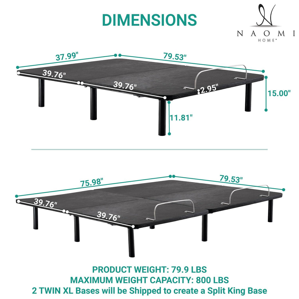 Naomi Home Serenity Split King Adjustable Bed Base, Zero Gravity, Wireless Remote, USB Ports, 800 Lb Capacity, Black Metal Frame, Easy Setup for Couples’ Comfort and Relaxation Naomi Home