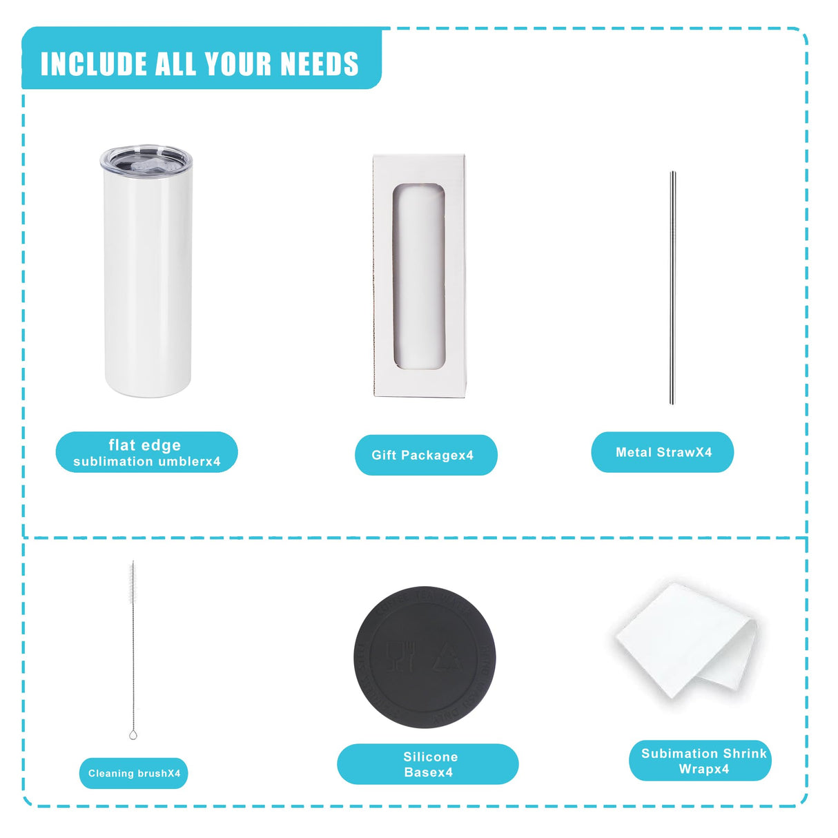 CWRIEB 4pack 20oz flat edge sublimation tumblers ,White skinny insulated Sublimation tumbler Straight Cups with Individual Gift Box, Silicone Bottom Polymer Coating for Heat Transfer (4pack 20oz) CWRIEB