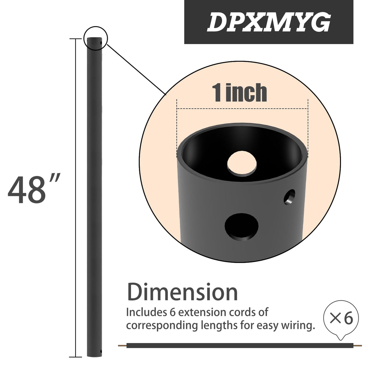 DPXMYG 48 inch Ceiling Fan Downrod with Extension Cord, 4 FT Black Downrod for Ceiling Fan, 1 inch Outside Diameter, Ceiling Fan Boom Suitable for a Wide Range of Fans (Black, Not Threaded) DPXMYG