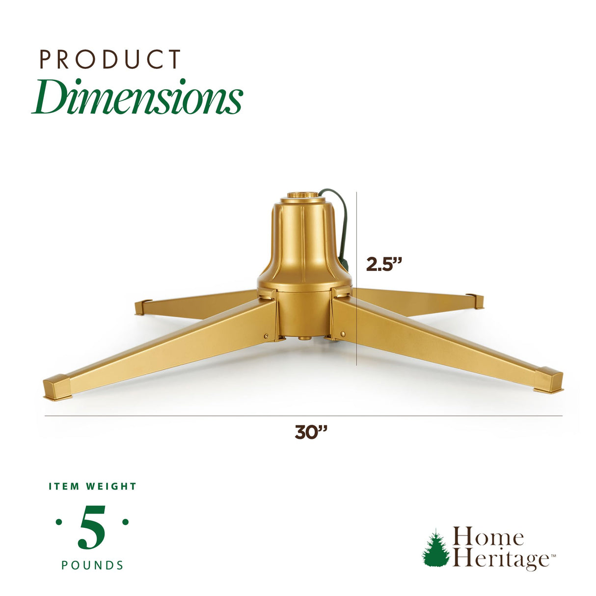 Home Heritage Artificial Christmas Tree Base Rotating Metal Stand for 1 to 1 1/2 Inch Diameter Artificial Christmas Tree Poles, 31 Inch, Gold Home Heritage