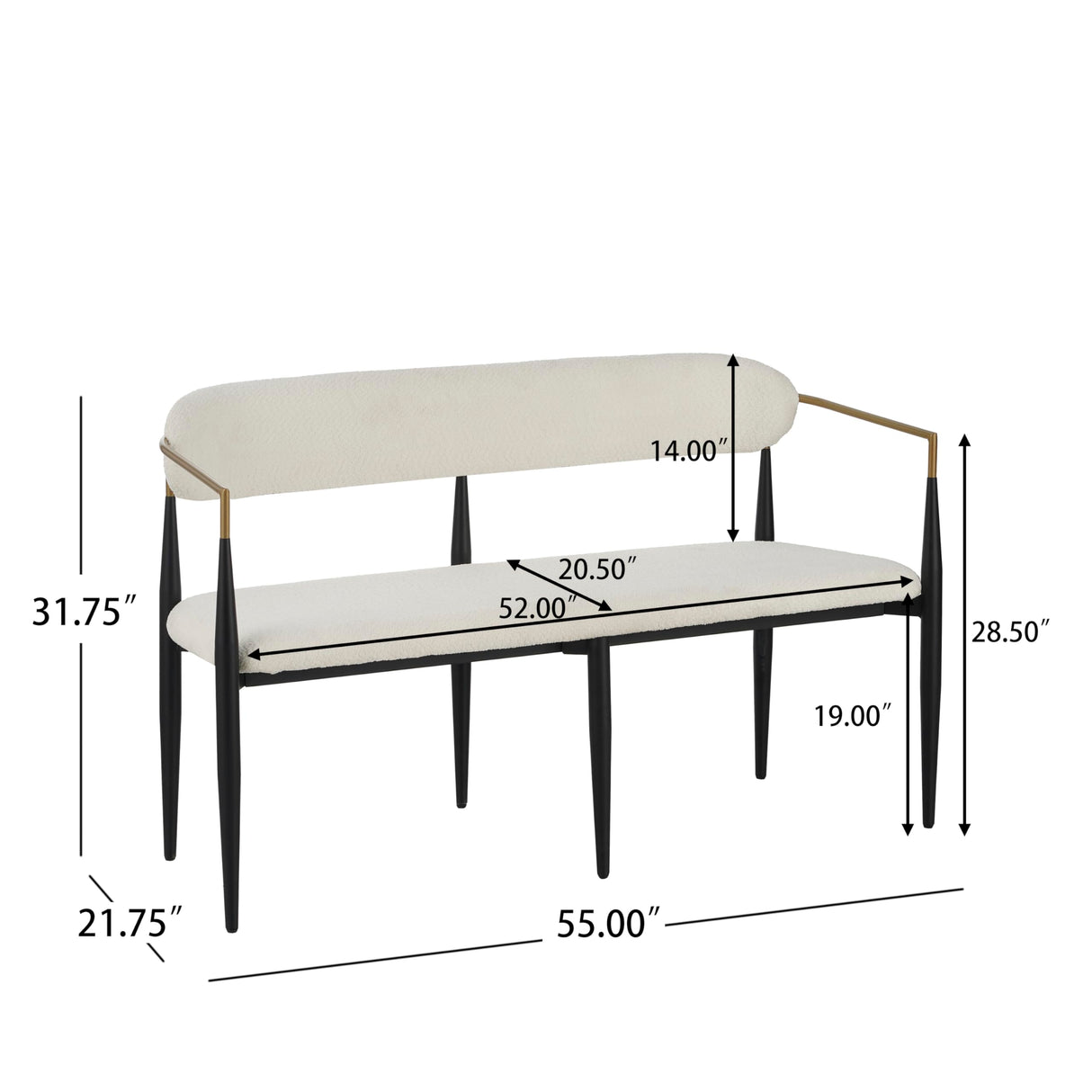 55" Metal Loveseat Settee,Modern Upholstered Sofa with Iron Frame,Upholstered Plush Seating,Gold Trim & Open Backrest, Compact Design for Small Spaces,Living Room,Bedroom,Apartments,Lofts,White GDFStudio