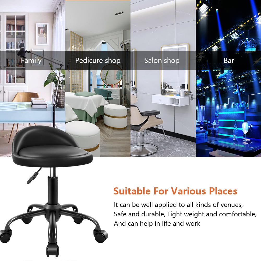 KKTONER Rolling Stool with BackRest Height Adjustable Round Chair with Wheels Swivel Drafting Work PU Leather stools Small (Black) KKTONER