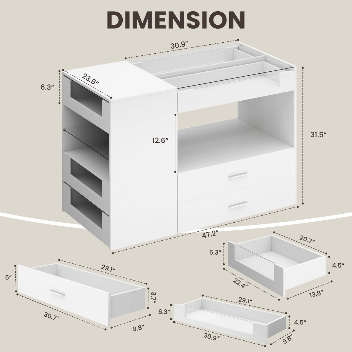 Closet Island with Drawers, 9 Drawers & 2 Shelves – White Jewelry Storage Vanity Island with Glass Top for Closet & Walk-in Wardrobe – 47.2" W x 23.6" D x 31.5" H GOFEI