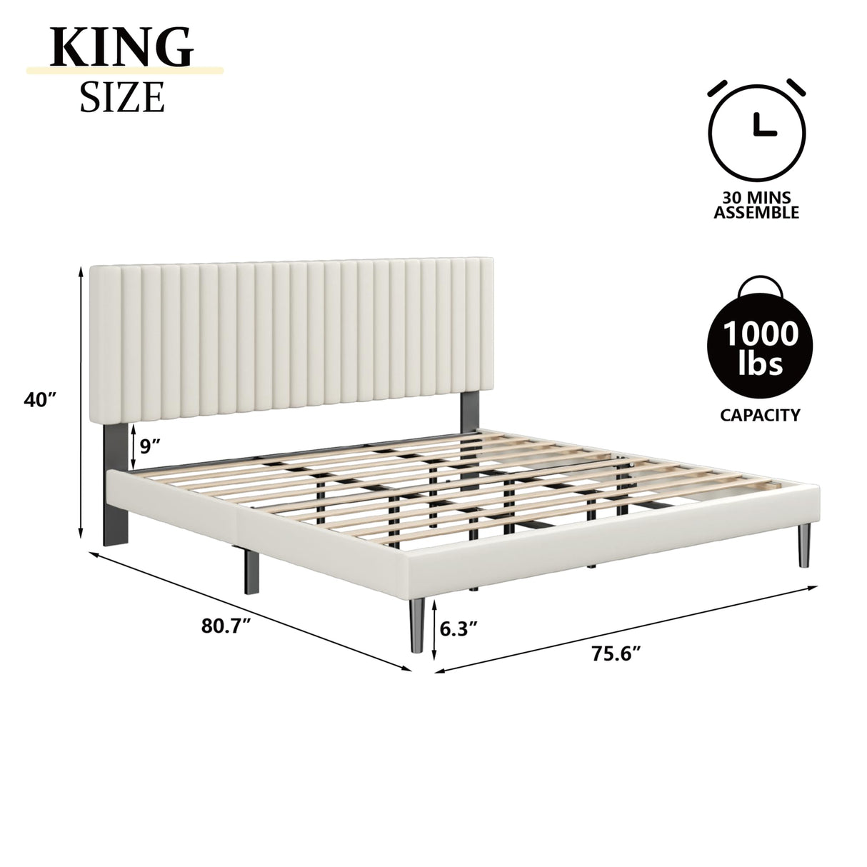 Sismplly King Size Bed Frame with Velvet Upholstered Headboard, Platform Bed with Strong Wood Slats, Mattress Foundation, Box Spring Optional, Easy Assembly, Beige Sismplly